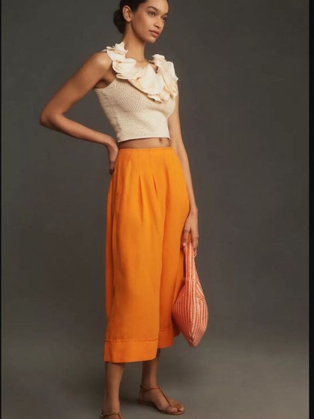 Anthropologie Maeve Linen Pleat-Front Wide-Leg Orange Culottes